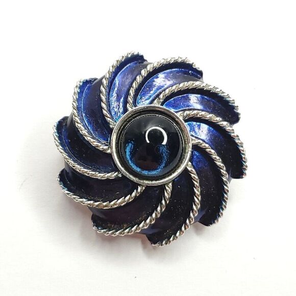 Avon Moonwind Round Enamel Jelly Belly Floral Brooch Scarf Clip Blue Swirl - Picture 2 of 6